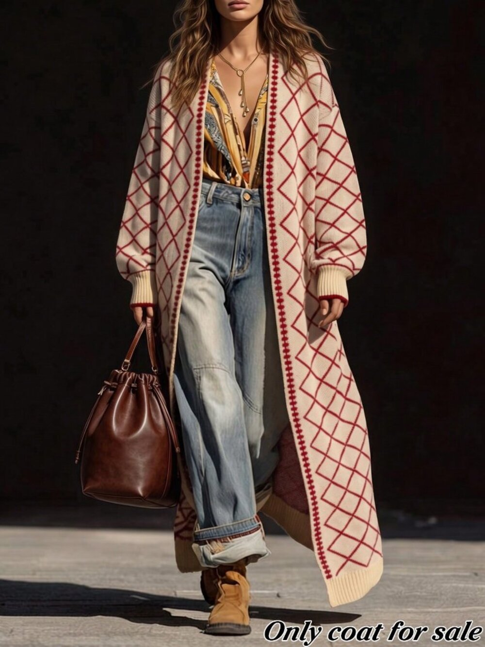 Multicolor Casual Women's Diamond Check Jacquard V-Neck Ribbed Cuffs Cardigan